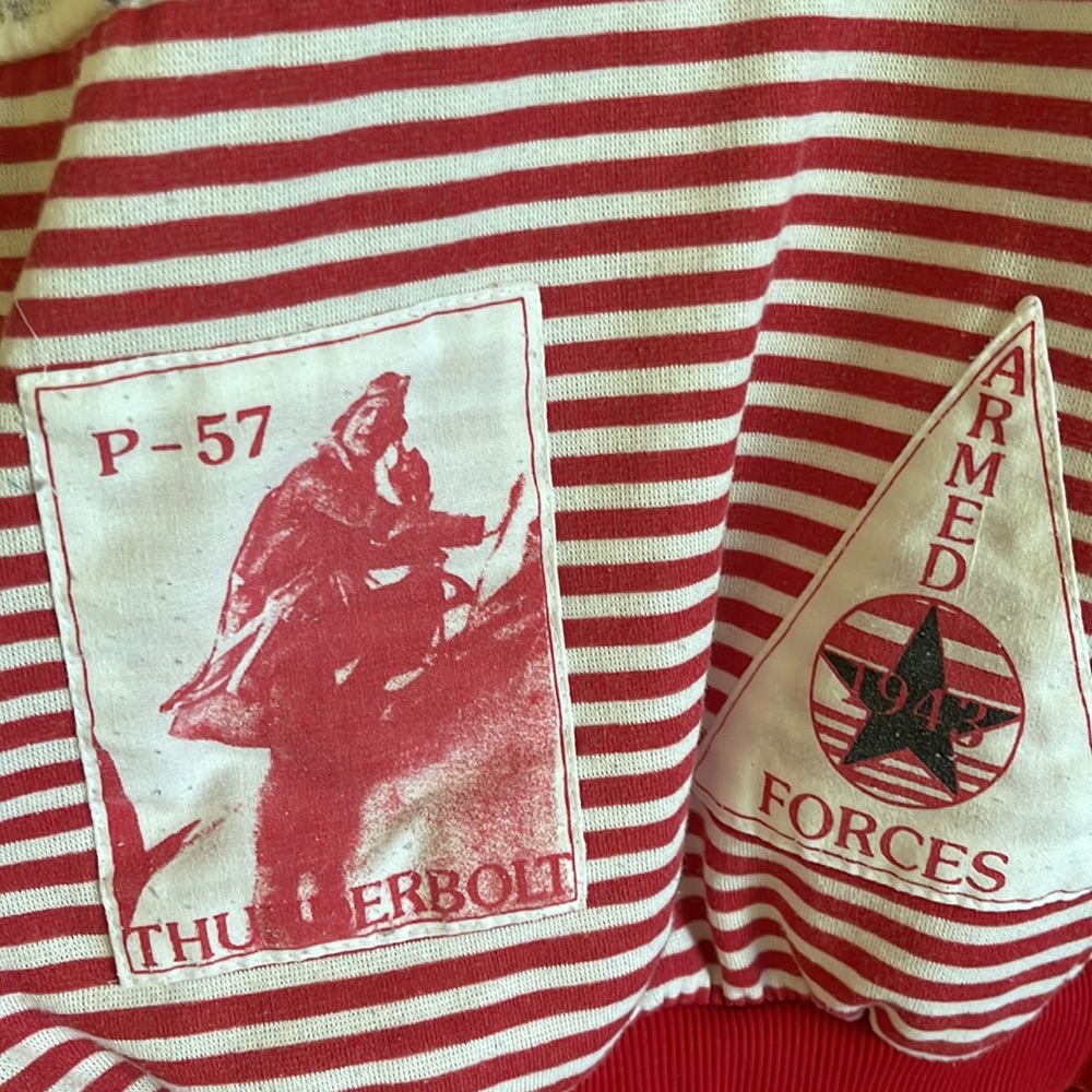 Vintage 80s Sassoon red & white stripe patchwork Armed Forces tribute sweatshirt - Picture 6 of 7